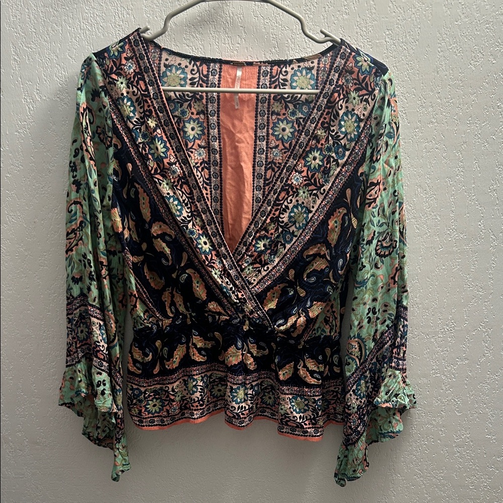 43. Free People Floral Paisley Wrap Blouse in Mint, Coral & Navy